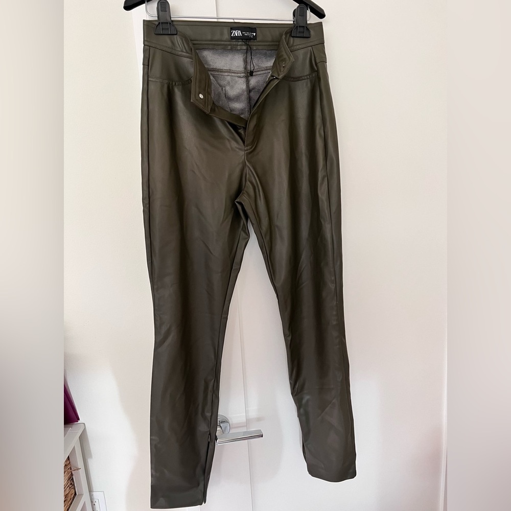 Green Zara faux leather pants with ankle zip